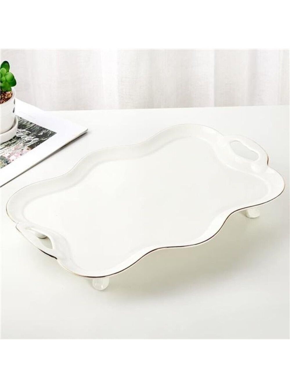 Porcelain Serving Tray with Handles Luxury Tea Tray Coffee Table Decor Gold Rim